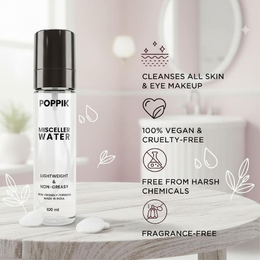 POPPIK Micellar Water, 100ml, Vegan Makeup Remover, Fragrance-Free, Non-Greasy Formula. view 5