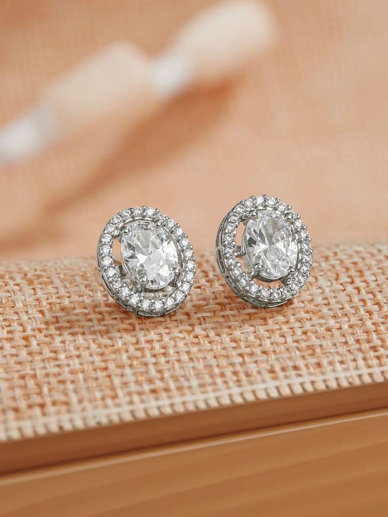 925 Sterling Silver AD Studded Rhodium Plated Oval Studds Earrings