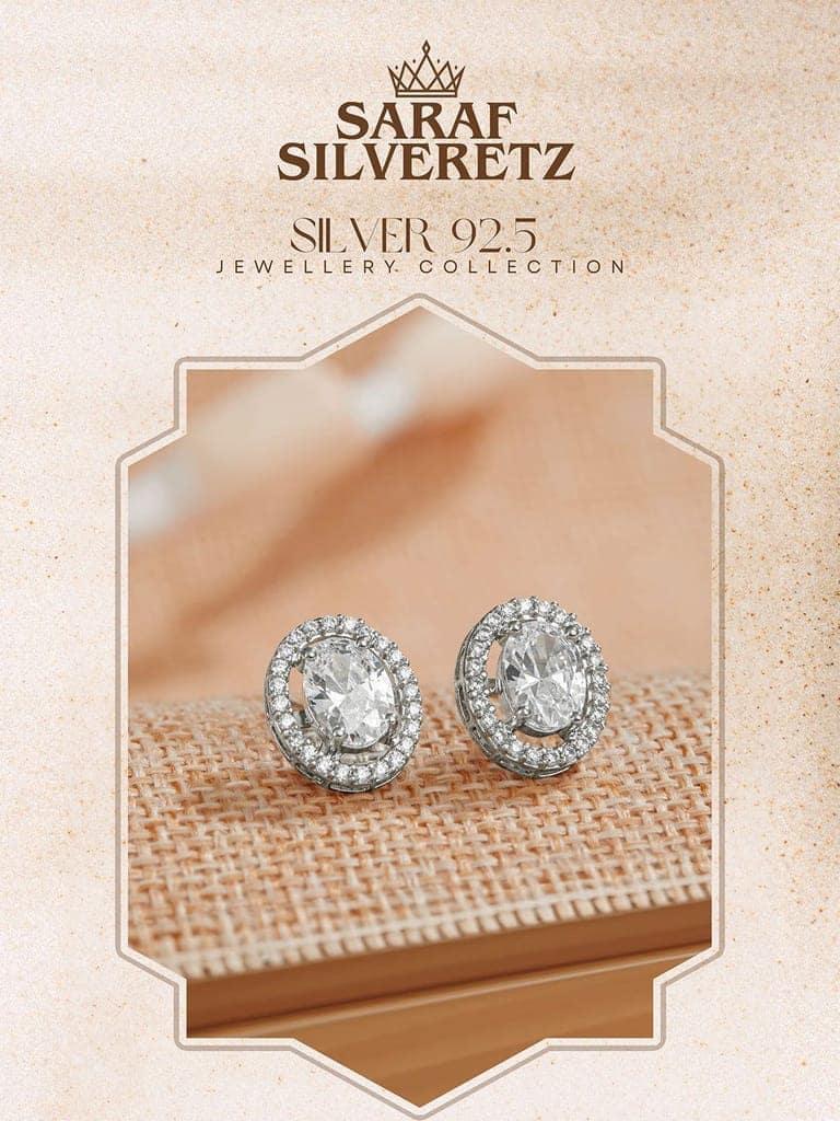 925 Sterling Silver AD Studded Rhodium Plated Oval Studds Earrings view 3