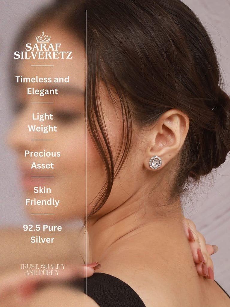 925 Sterling Silver AD Studded Rhodium Plated Oval Studds Earrings view 5