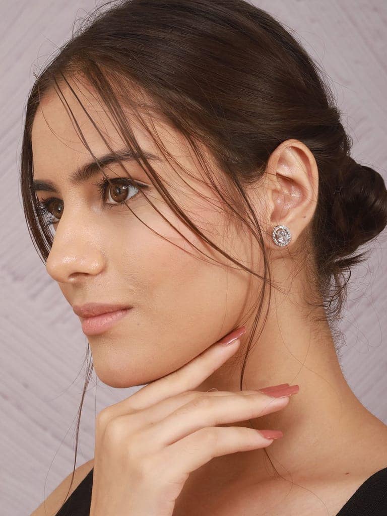 925 Sterling Silver AD Studded Rhodium Plated Oval Studds Earrings view 7