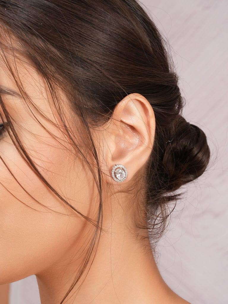 925 Sterling Silver AD Studded Rhodium Plated Oval Studds Earrings view 8