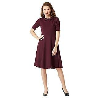 Miss Chase Womens Wine Red Collared Round Neck Half Sleeve Solid Knee-Long Skater Dress