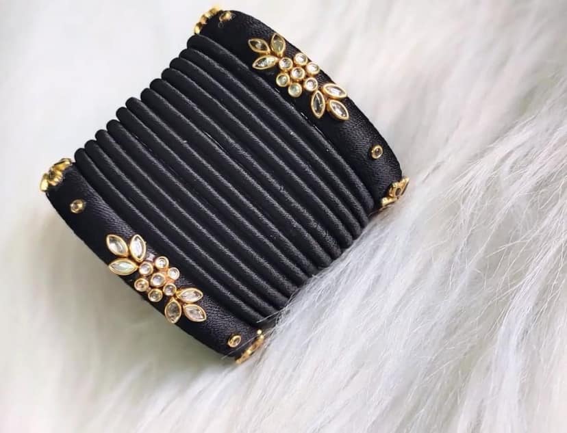 Black Silk Thread Bangle Set with Stone and Pearl Embellishment view 3