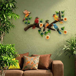 Indraj Premium Craft Handcrafted Birds on Tree Branch with Flowers | Wrought Iron Wall Hanging Decor for Living Room, Bedroom, Balcony & Garden | Rust-Proof Nature Wall Sculpture | 22" x 17" Multicolor Metal Wall Art