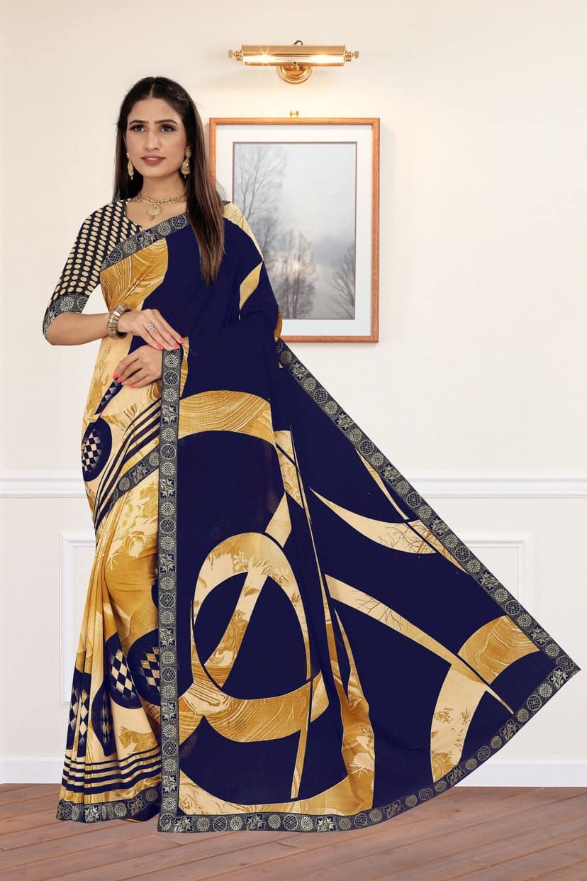 TheHangr Women's Beautiful Printed Georgette Saree With Lace Border & Blouse Piece - Blue-Beige