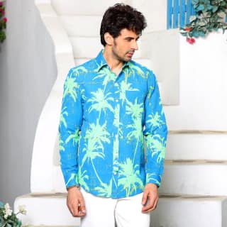 Coconut Tree French Blue Casual Pure Linen Full Shirt (Size - S) by BLUE EAGLE