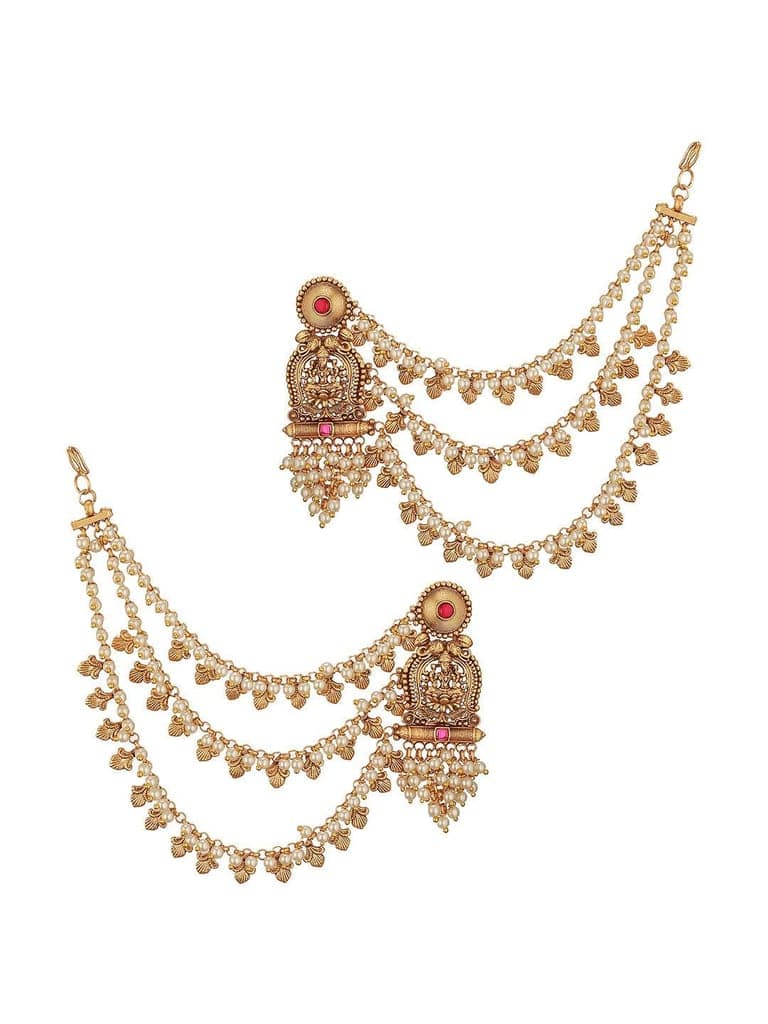 Gold Plated Kemp Stone Studded 3 Layered Pearl Lakshmi ji Design Temple Matil With Earchain Earrings