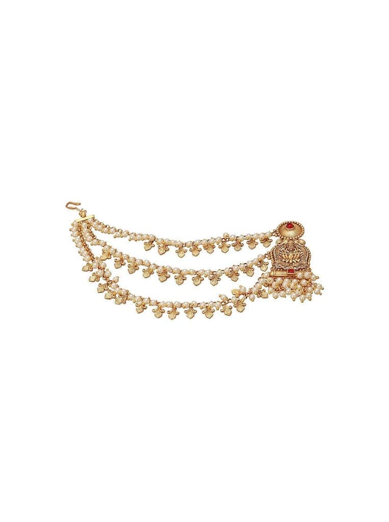 Gold Plated Kemp Stone Studded 3 Layered Pearl Lakshmi ji Design Temple Matil With Earchain Earrings view 2