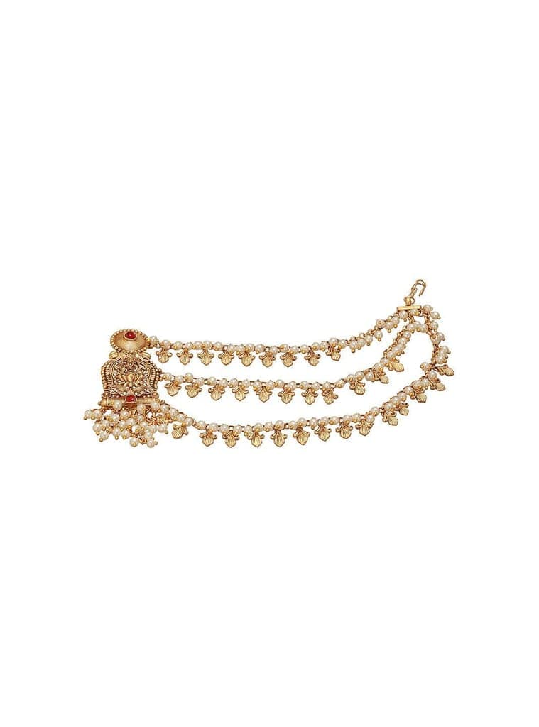 Gold Plated Kemp Stone Studded 3 Layered Pearl Lakshmi ji Design Temple Matil With Earchain Earrings view 3