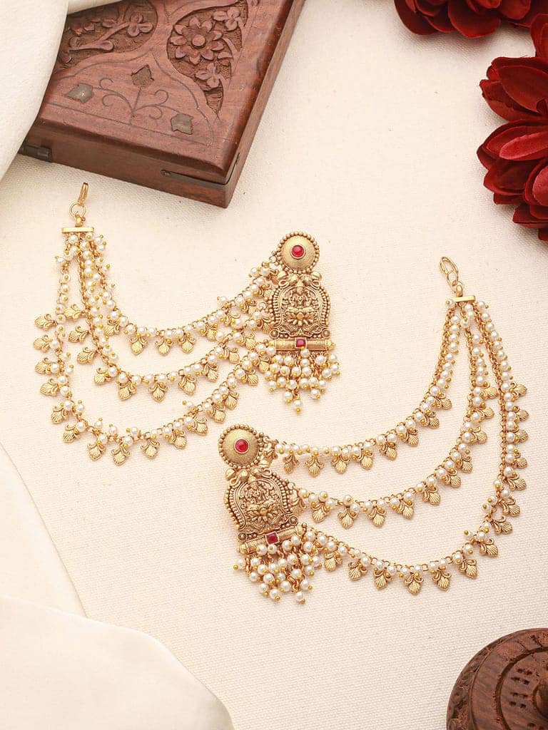 Gold Plated Kemp Stone Studded 3 Layered Pearl Lakshmi ji Design Temple Matil With Earchain Earrings view 4