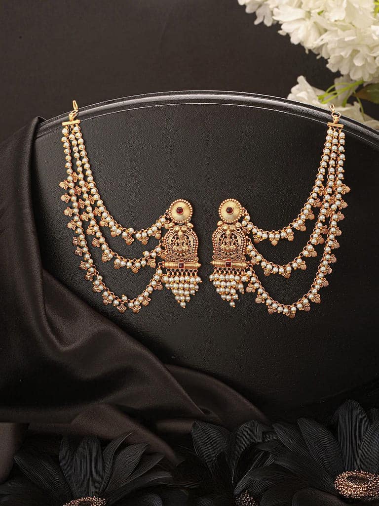 Gold Plated Kemp Stone Studded 3 Layered Pearl Lakshmi ji Design Temple Matil With Earchain Earrings view 5