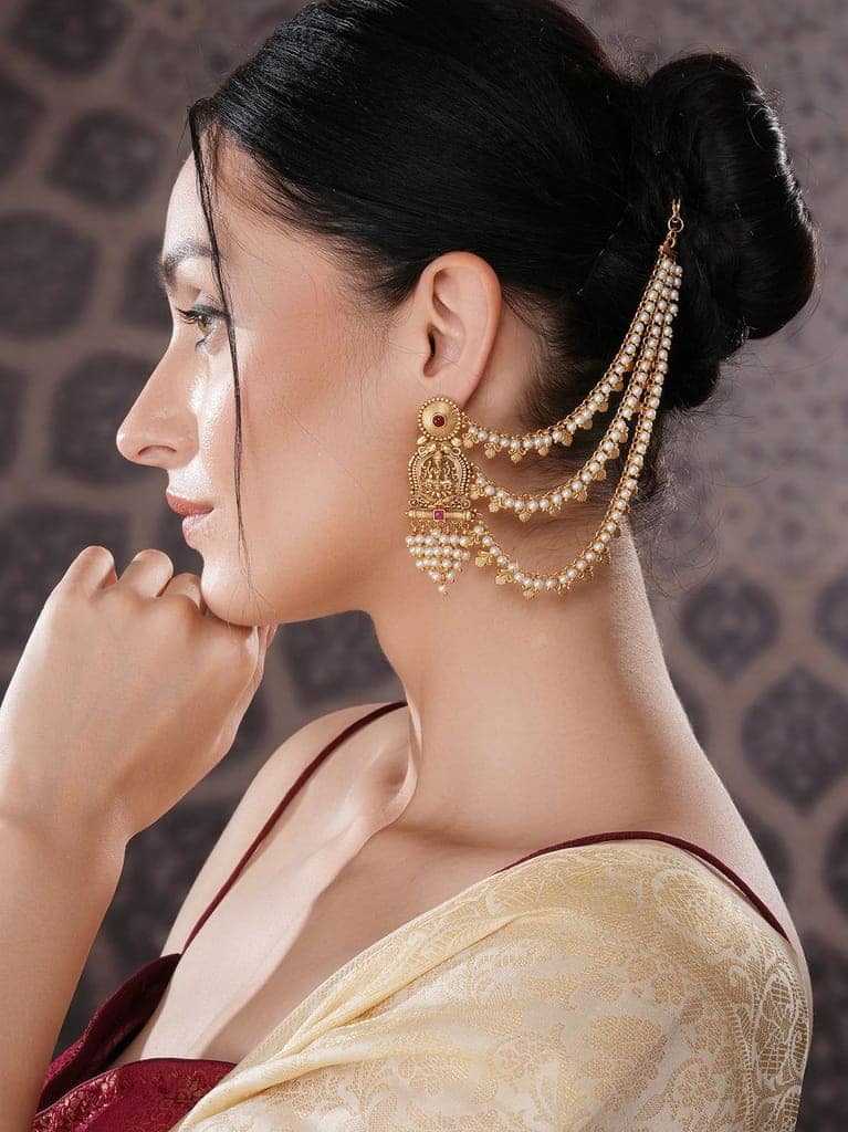 Gold Plated Kemp Stone Studded 3 Layered Pearl Lakshmi ji Design Temple Matil With Earchain Earrings view 6