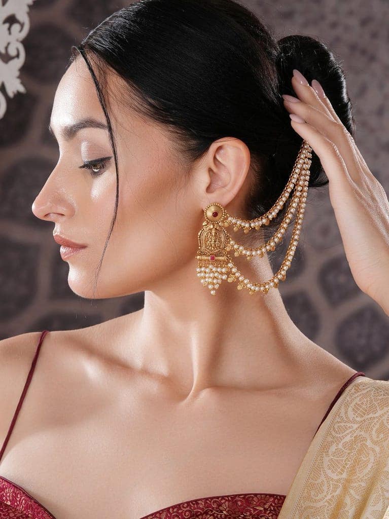 Gold Plated Kemp Stone Studded 3 Layered Pearl Lakshmi ji Design Temple Matil With Earchain Earrings view 7