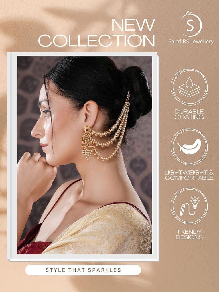 Gold Plated Kemp Stone Studded 3 Layered Pearl Lakshmi ji Design Temple Matil With Earchain Earrings view 8