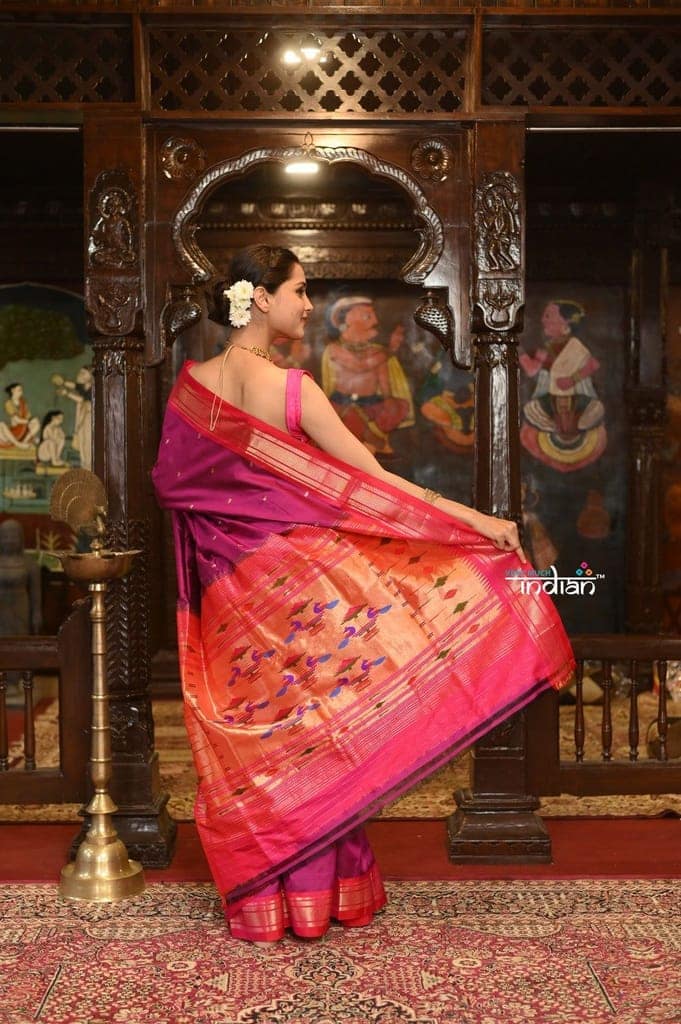 Authentic High Quality Pure Silk Paithani With Most Traditional Double Pallu~Magenta with Contrast Pink view 3