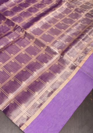 Amethyst Tissue kadhuwa Zari Checks Pure Silk Banarasi Saree with Plain Border | SILK MARK CERTIFIED