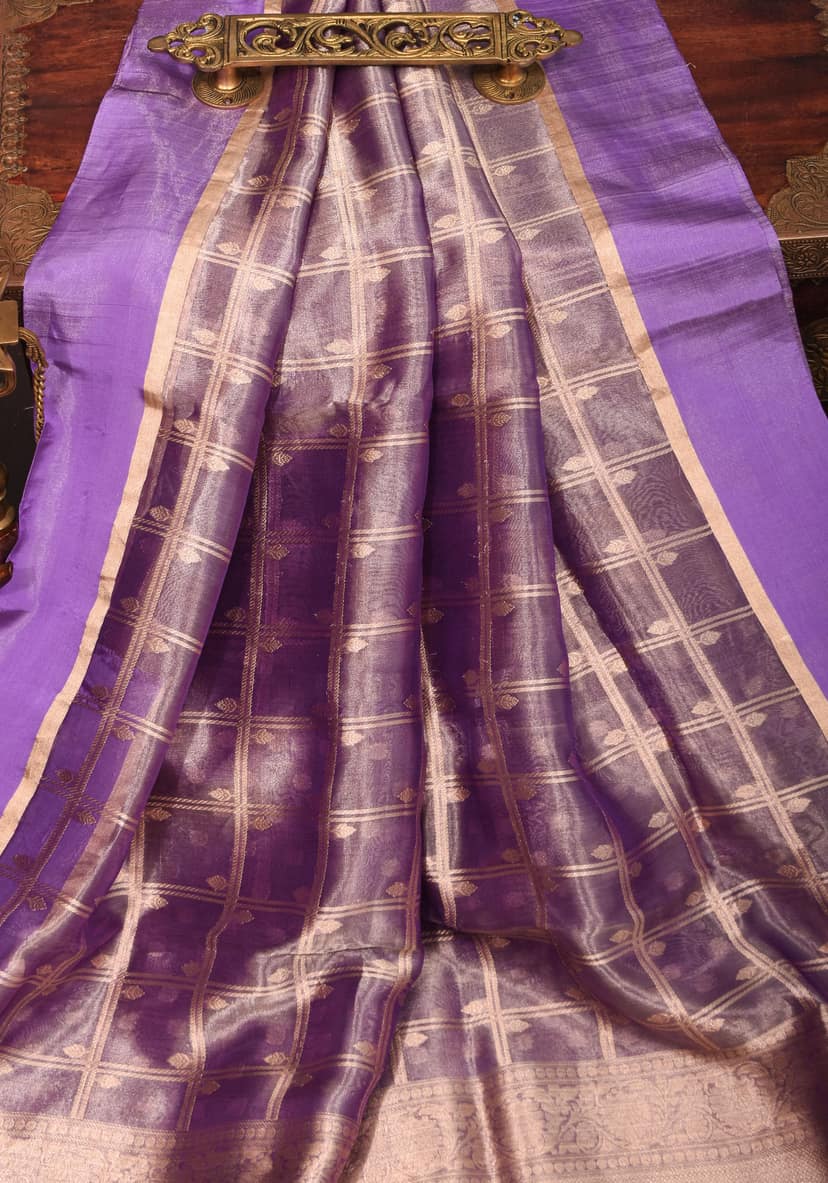 Amethyst Tissue kadhuwa Zari Checks Pure Silk Banarasi Saree with Plain Border | SILK MARK CERTIFIED view 2