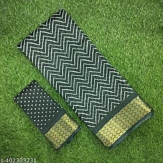 Dark Green Colour Zigzag Printed Print Zari Border Dola Silk Saree With Blouse Piece