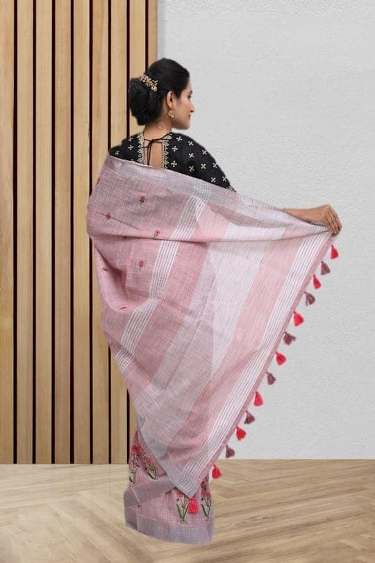 Lavender Linen Saree With Modish Work view 2