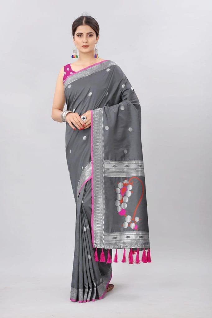 Grey &amp; Gold Toned Woven Soft Silk Banarasi Saree