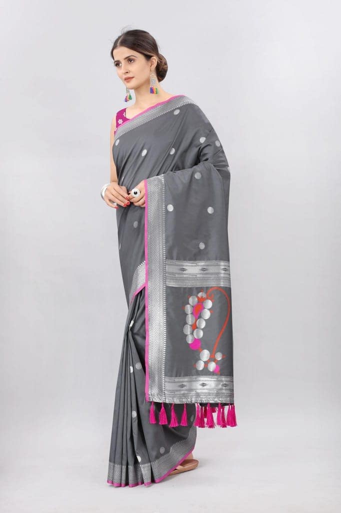 Grey &amp; Gold Toned Woven Soft Silk Banarasi Saree view 2