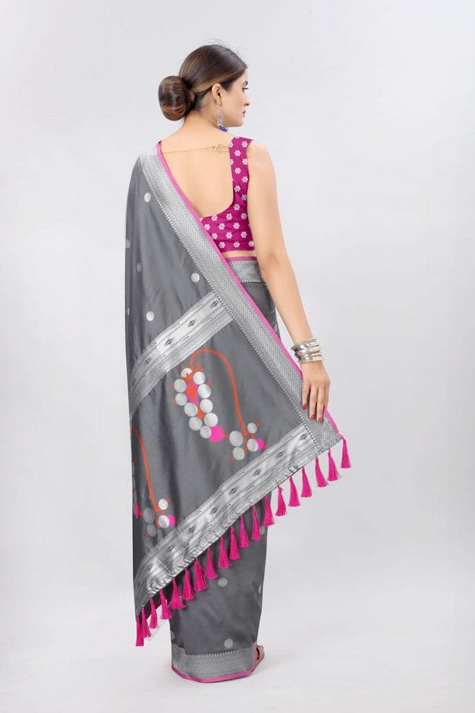 Grey &amp; Gold Toned Woven Soft Silk Banarasi Saree view 3