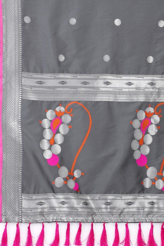 Grey &amp; Gold Toned Woven Soft Silk Banarasi Saree view 5