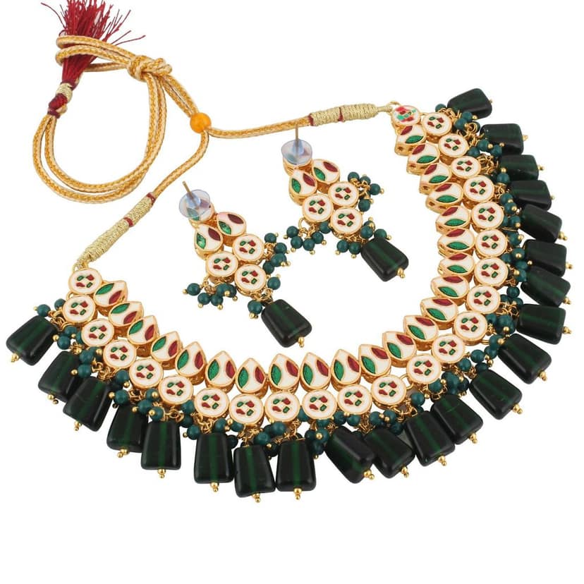 LUCKY JEWELLERY Back Meenakari 18k Gold Plated Green Color Tika Earring Combo Uncut Big Faux Kundan Choker Necklace set (974-J5SK-1782-G) view 2