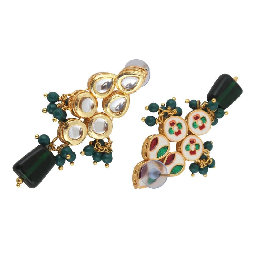 LUCKY JEWELLERY Back Meenakari 18k Gold Plated Green Color Tika Earring Combo Uncut Big Faux Kundan Choker Necklace set (974-J5SK-1782-G) view 4