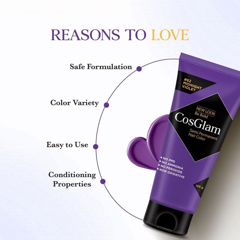 COSGLAM Semi Permanent Hair Color, No Peroxide, Non Oxidative, Ammonia Free Hair Colour 62 Midnight Violet - 120gm view 4