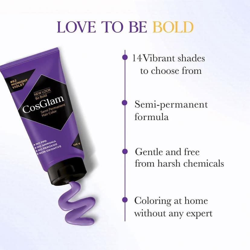 COSGLAM Semi Permanent Hair Color, No Peroxide, Non Oxidative, Ammonia Free Hair Colour 62 Midnight Violet - 120gm view 5