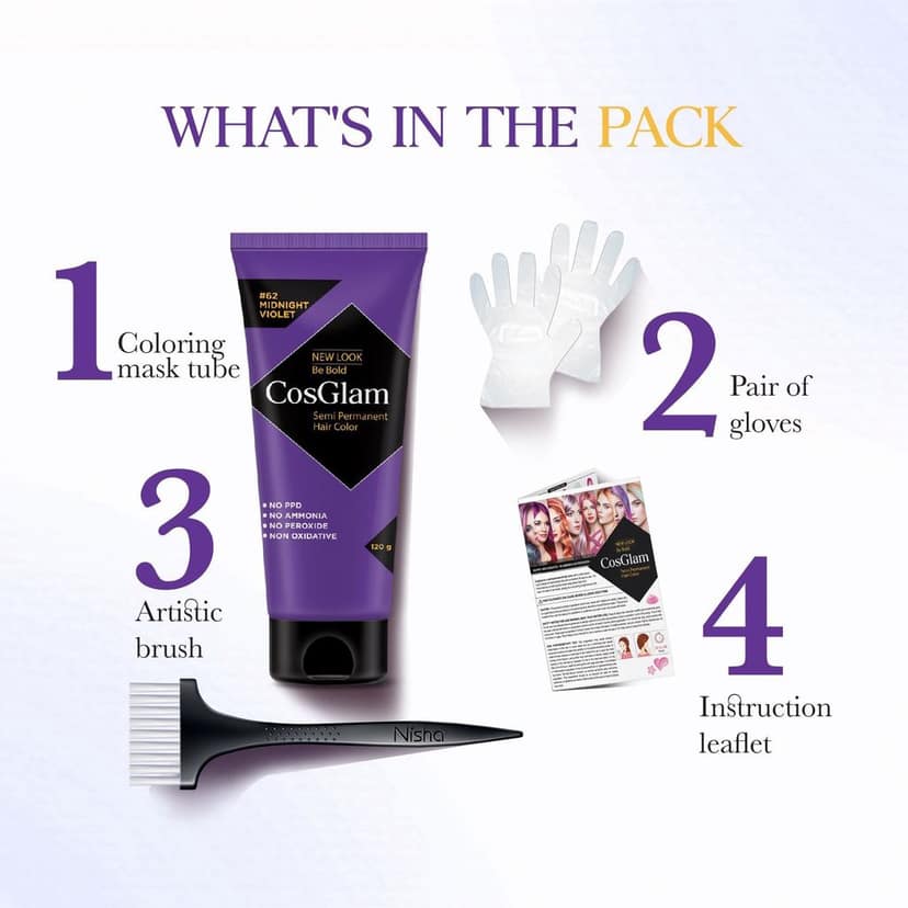 COSGLAM Semi Permanent Hair Color, No Peroxide, Non Oxidative, Ammonia Free Hair Colour 62 Midnight Violet - 120gm view 6