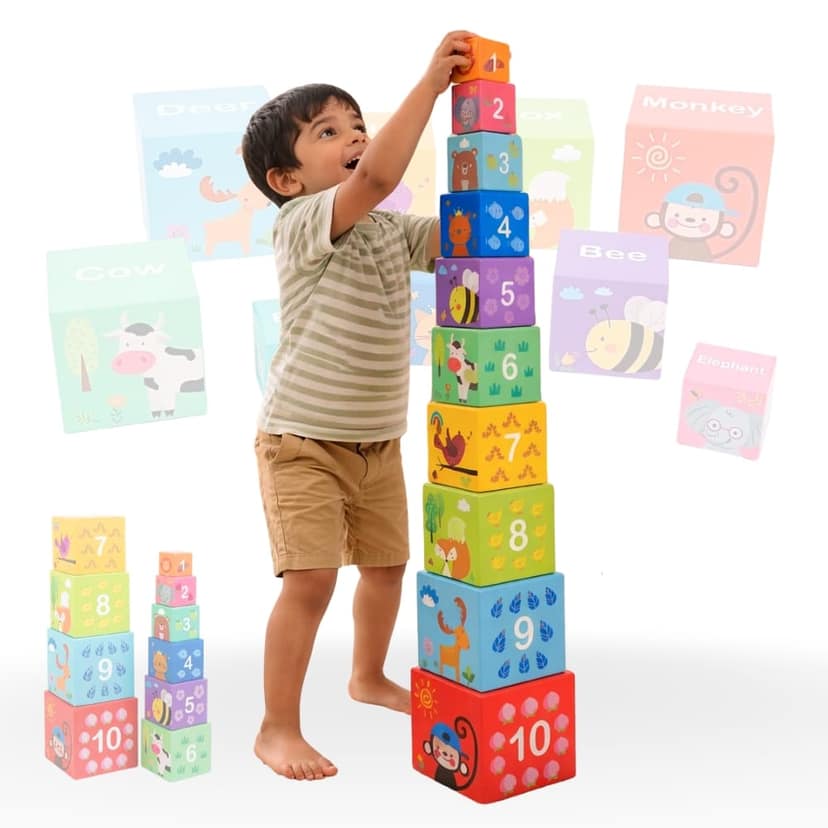 Stacking Toy for Kids 1+ Years | 10-Piece Nesting Cubes | Early Learning | Brain Activity & Travel-Friendly Activity | Animal & Number Theme Learning Blocks for Gift (Multicolor) - D'bebé