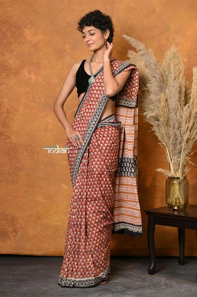Mastaani ~ Handblock Printed Cotton Saree With Natural Dyes - Orange view 2