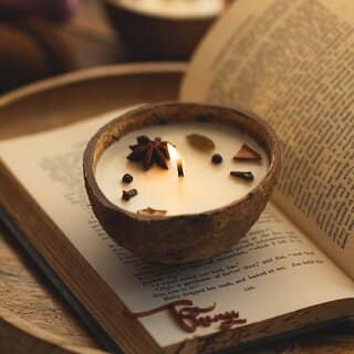 Coconut Shell Spice Candle/Diya Eco-Friendly Scented Soy Wax Candles for Diwali Festives - Wooden (Set of 2)