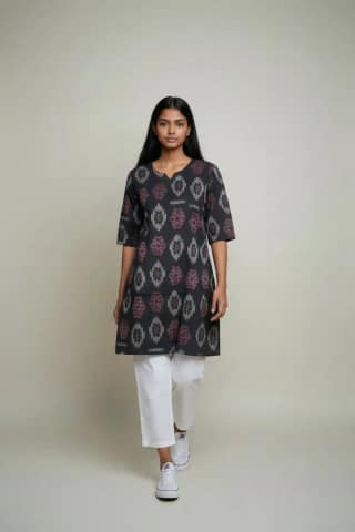 Handwoven Sambalpuri Cotton Kurti in Black with Bandhakala Motifs