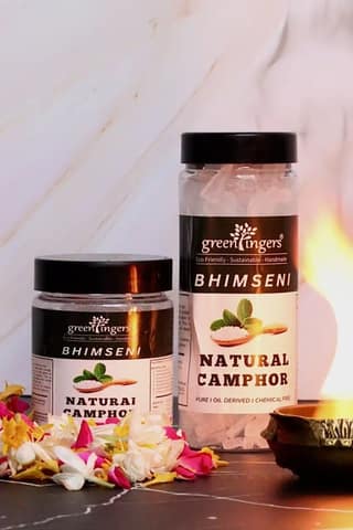 Green Fingers ; Bhimseni Camphor Jar (Bhimseni Camphor Block Herbal Incense. Natural Aroma. Cow Dung, Kapur, & Other Natural Ingredients. Pack of 3