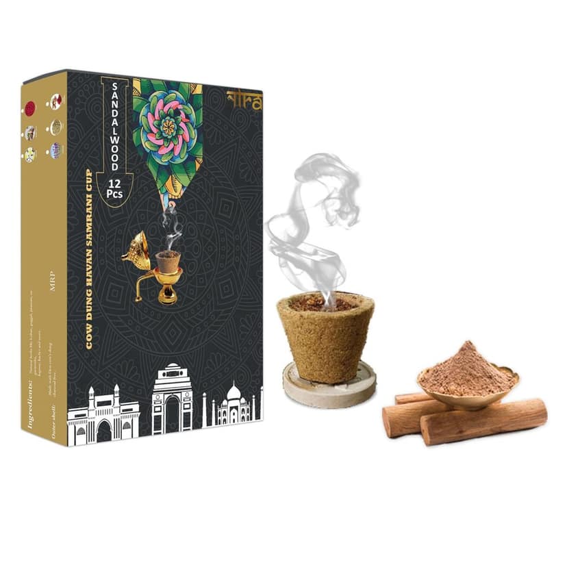 Nira Fragrances Sandalwood Incense sambrani Cups I 12 Havan Pcs + 1 Free Stand I Natural Cow Dung Dhoop Havan Cup I Dhuni for Pooja I Organic Fragrance