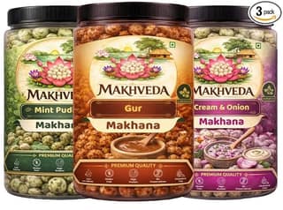 MAKHVEDA - Superfood Mood Swing Combo Makhana Roasted Fox Nuts Popped Lotus Seeds Healthy Snack Low Calorie High Protein Gluten Free Crunchy & Delicious Flavours Roasted In Olive Oil (Gud, Mint Pudina, Cream & Onion)