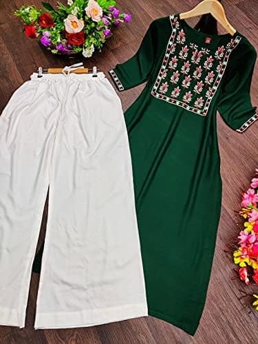 BT WITH BUY & TRY Women's Rayon Kurti Set | Kurti with Palazzo | Kurta Set for Women | Palazoo Set - Green view 5