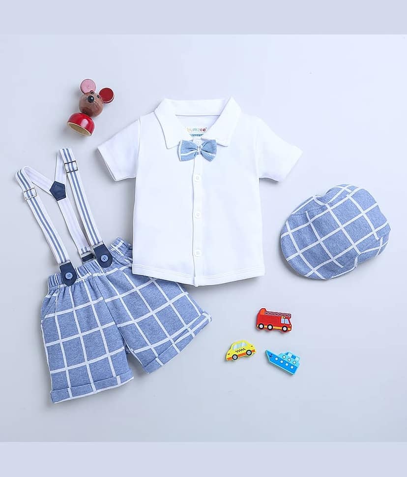 BUMZEE Pack of 1 Baby Boys Cotton Shirt & Trouser ( Blue & White )