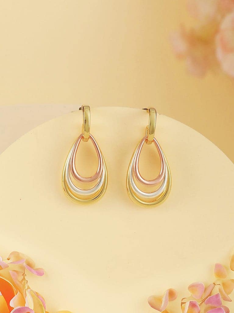 Anti-Tarnish Tri Gold Plated Concentric Drop Shaped Dangler Hoop Earrings view 2