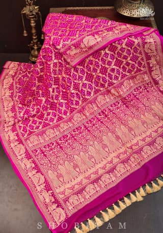Peacock Jaal, Royal procession Border Bandhej Pure Banarasi Silk Georgette Saree in Pink | SILK MARK CERTIFIED