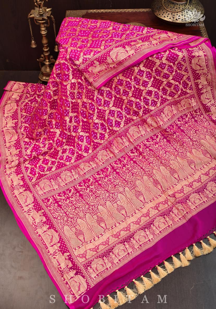 Peacock Jaal, Royal procession Border Bandhej Pure Banarasi Silk Georgette Saree in Pink | SILK MARK CERTIFIED
