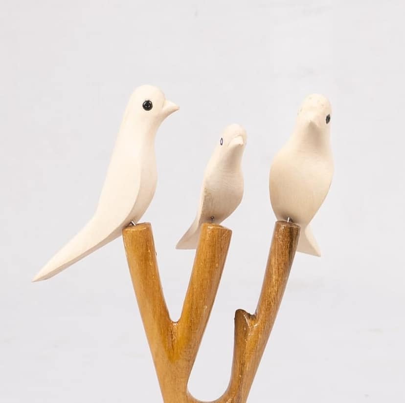 Hand-carved Wooden Bird Figurines on a Branch view 2