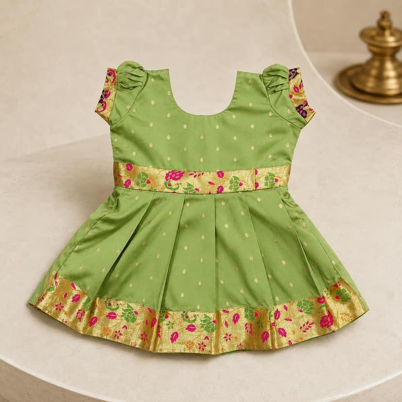 luster Frock taffata-Paithani Age (0 to 5) (2-3 Years, Mehendi) view 2