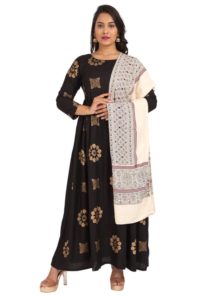 Amrozia Ajrakh Block Print Rayon Dupatta for Women (OffWhite) view 5