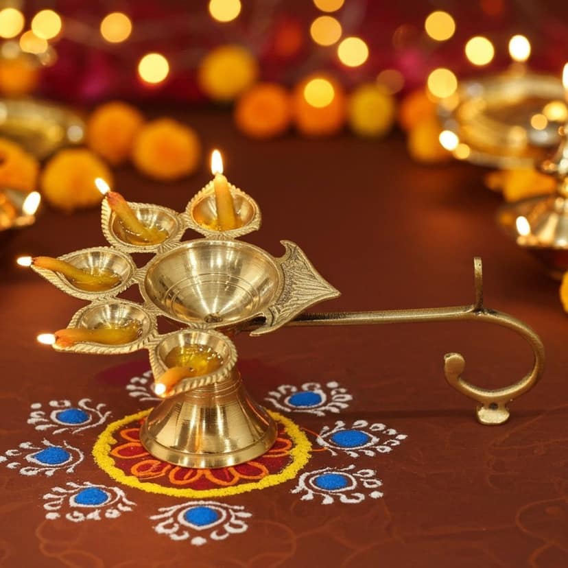 Brass Table Decor Oil Lamp Deepak 5 Wicks - Elegant Brass Diya for Aarti, Height : 2.8 Inch (FMAS317 C)