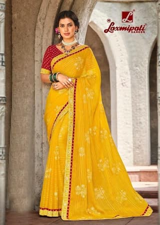 Mustard Color Stone Work Brasso Printed Saree With Fancy Border And Fancy Blouse Piece